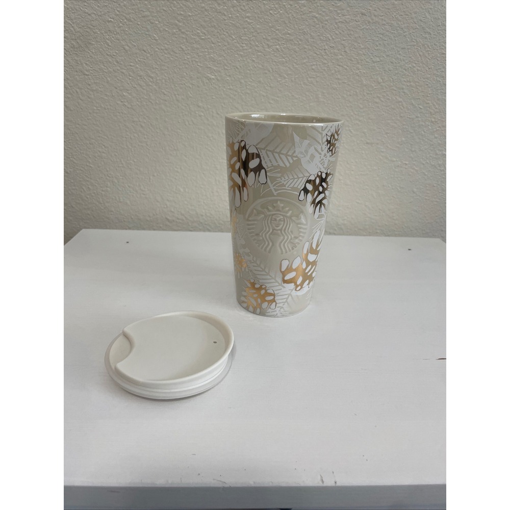 Starbucks 2020 Like New Holiday Ceramic Travel‎ Tumbler 12oz Beige Gold Pinecone